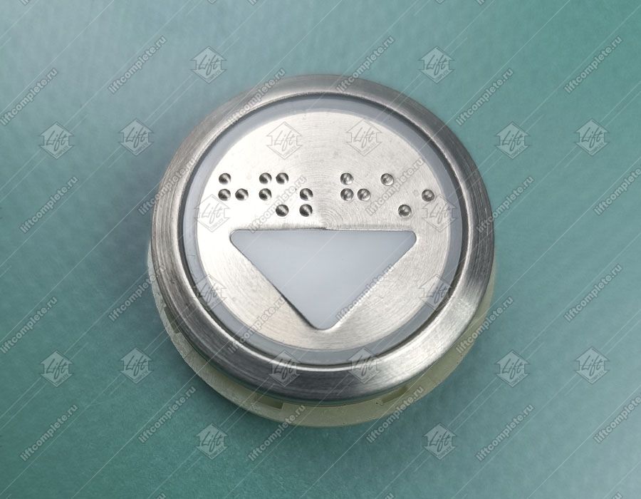 Кнопка вызова/приказа, KONE, AVDBUT, символ ВНИЗ, круглая, серебристая поверхность, белая подсветка, с шрифтом Брайля